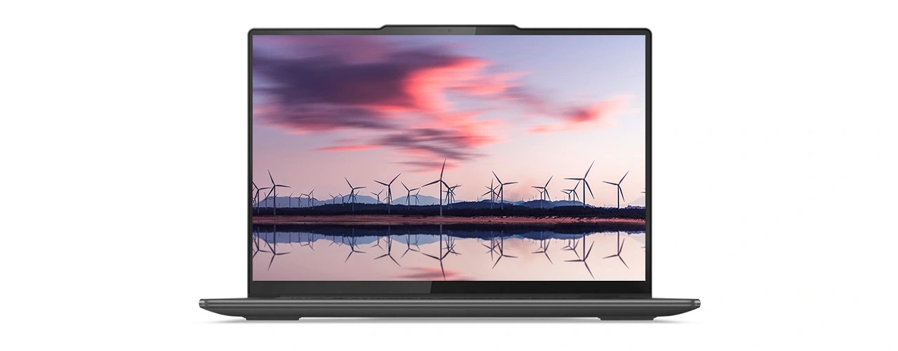 Vue de face de l'ordinateur portable 2-en-1 Lenovo Yoga Pro 9i Gen 8 (14 pouces Intel), avec un parc éolien reflété dans l'eau sur l'écran