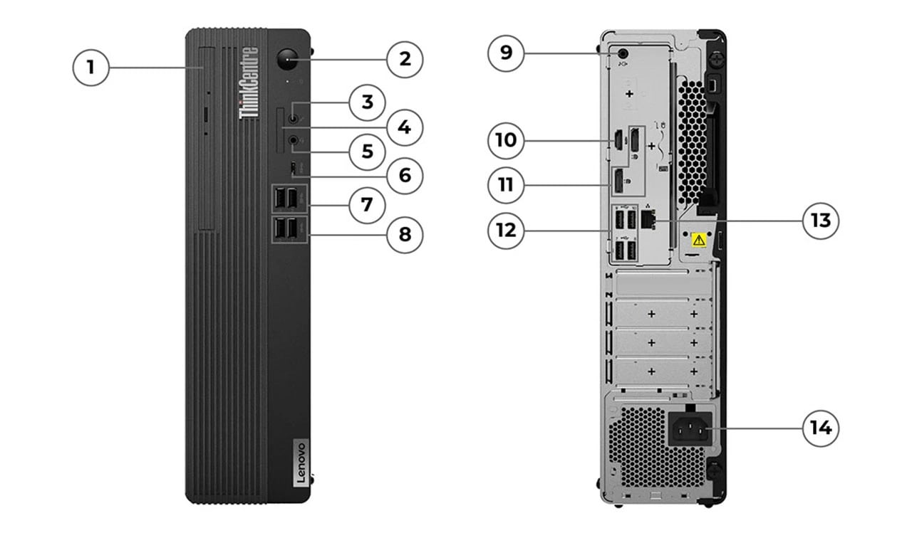Two Lenovo ThinkCentre M70s Gen 4 (Intel) SFF desktop PCs – front and rear views, with ports, slots, and buttons numbered for identification