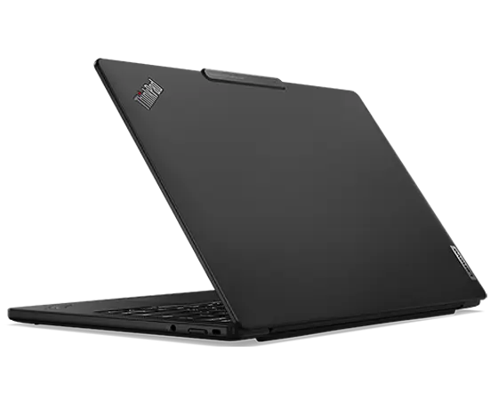 Rear-side of Lenovo ThinkPad X13s laptop open less than 90 degrees and showing right-side ports.