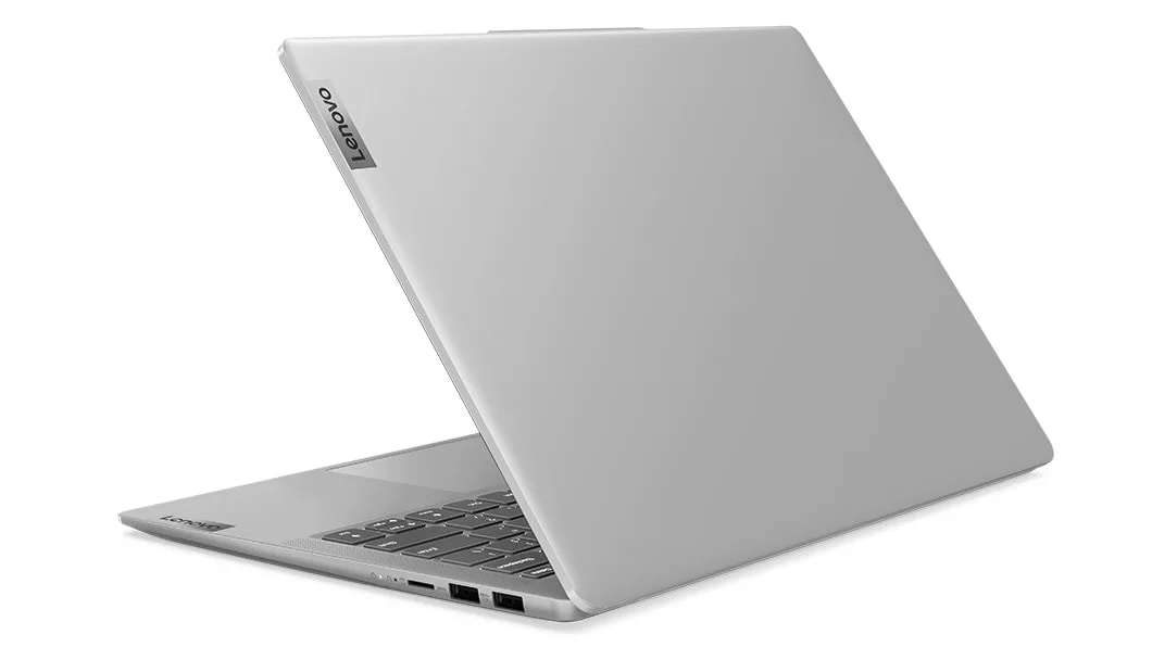 Rear left-facing view of 14 Lenovo IdeaPad Slim 5 AMD open to 45 degrees showing cover with Lenovo logo and glimpse of keyboard.
