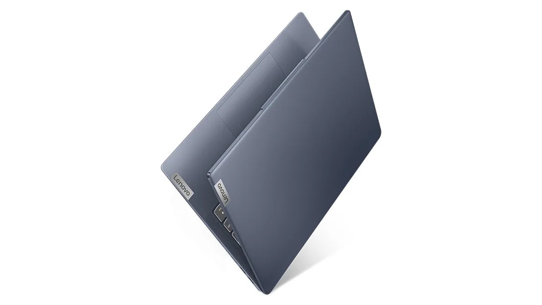 Front-left facing angled view of almost closed 14 Lenovo IdeaPad Slim 5 AMD showing Lenovo logos on cover and palm rest.