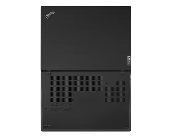 Vista superior del portátil Lenovo ThinkPad T14 de 4.ª generación abierto en un ángulo de 180 grados, mostrando las cubiertas superior e inferior.
