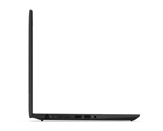 Left-side profile of the Lenovo ThinkPad T14 Gen 4  laptop open 90 degrees.