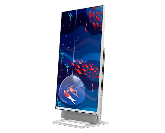 PC Yoga AIO 7 Gen 8 en mode vertical, orienté à gauche avec l’écran allumé