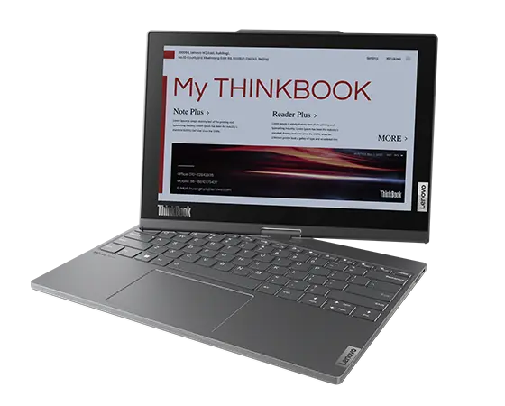 Lenovo ThinkBook Plus Gen 4 (13″ Intel) 2-in-1 laptop—right-front view, mid-twist to typewriting mode, with ″My THINKBOOK″ page on the display
