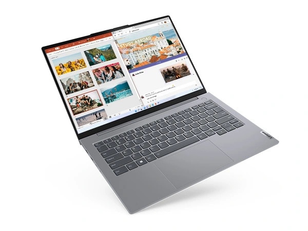 ThinkBook 14 Gen 6 (14″ Intel) laptop—left-front view, from slightly above, lid open, with multiple apps and images on the display