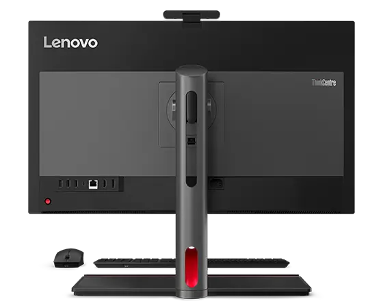 Rear facing Lenovo ThinkCentre M90a Pro Gen 4 (27″ Intel) all-in-one PC, showing rear ports & stand with its clutter-free cable management