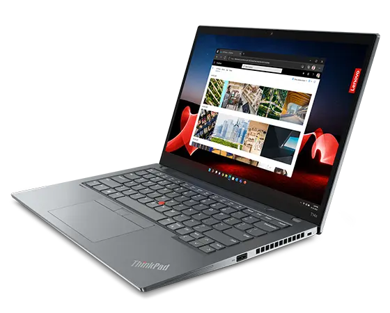 Overhead shot of the Lenovo ThinkPad T14s Gen 4 laptop in Arctic Grey, open 90 degrees, right-side ports, keyboard, & display. 