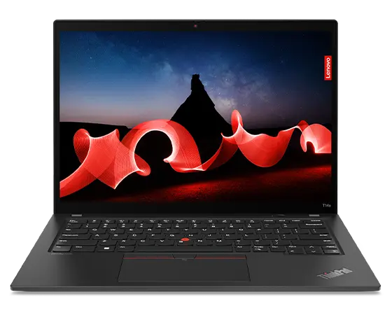 Lenovo ThinkPad T14s Gen 4 Notebook, Ansicht von vorne mit Blick auf Tastatur und Display.