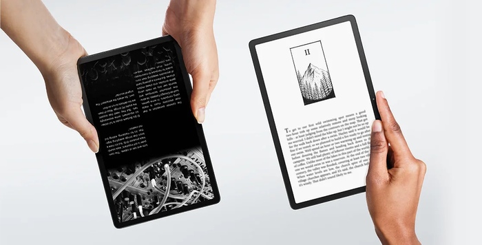 Two people reading on Lenovo Tab P11 tablets