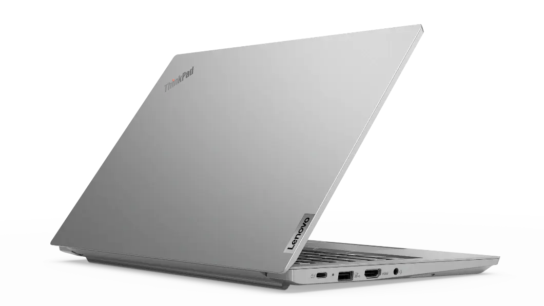 Rear right three-quarter view of silver Lenovo ThinkPad E14 Gen 2