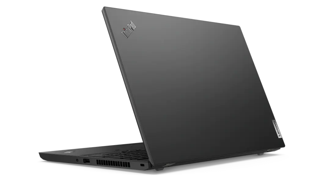 Imagen de semiperfil derecho de la notebook ThinkPad L15 2da Gen (15.6”, AMD) abierta a 90° con la pantalla encendida