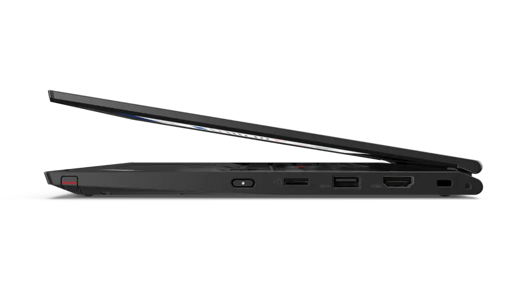 Vista del lateral izquierdo de la laptop Lenovo 2 en 1 ThinkPad L13 Yoga 2da Gen semicerrada