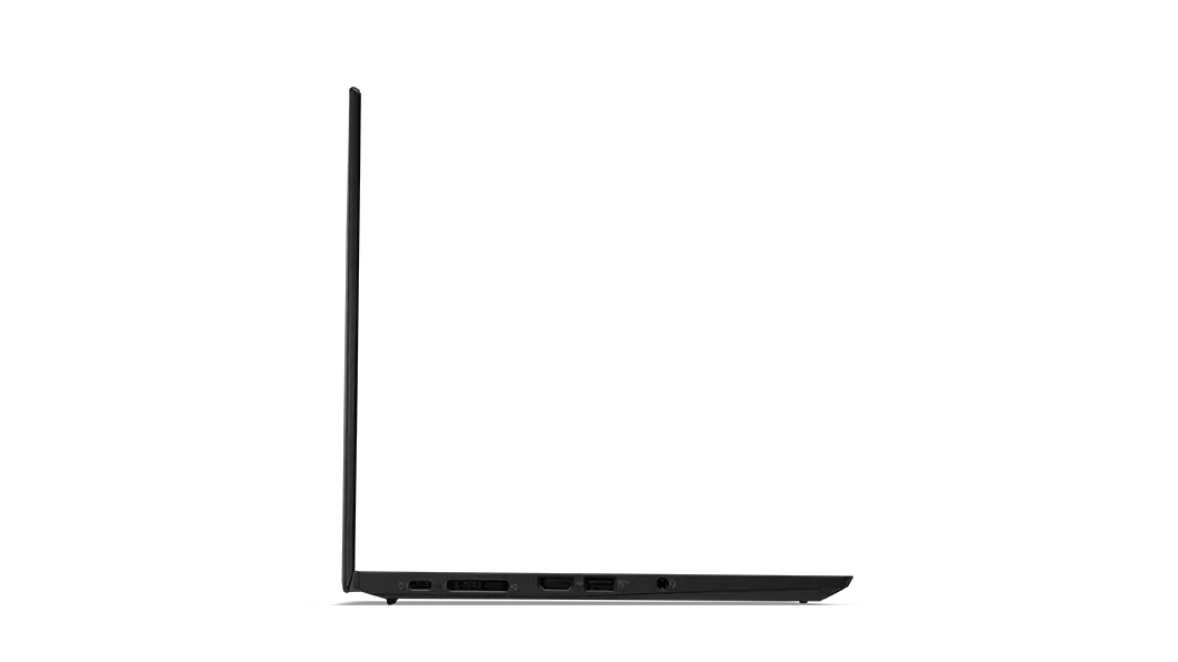 Profile of Lenovo ThinkPad T14s Gen 2 laptop in Black open 90 degrees, showing left-side ports.