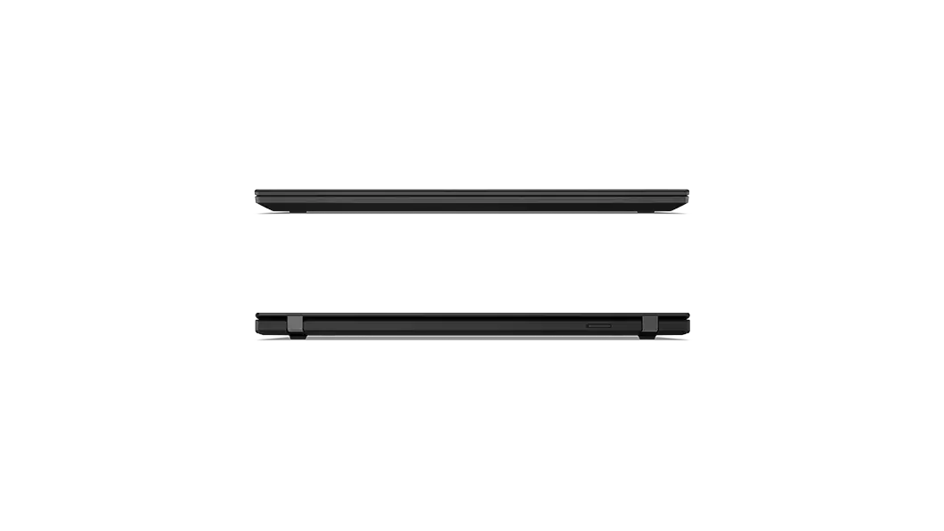 Two Lenovo ThinkPad T14s Gen 2 laptops in Black closed, showing front and rear profiles.