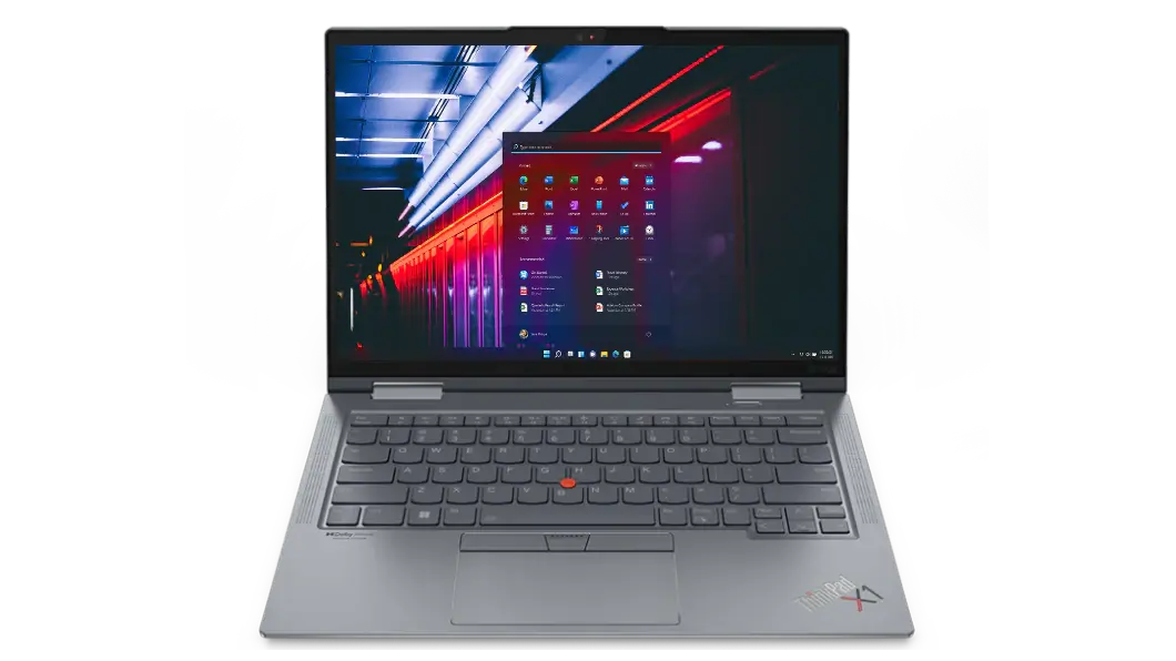 Vista frontal de la laptop Lenovo ThinkPad X1 Yoga Gen 7 (14&quot;, Intel) con la pantalla encendida