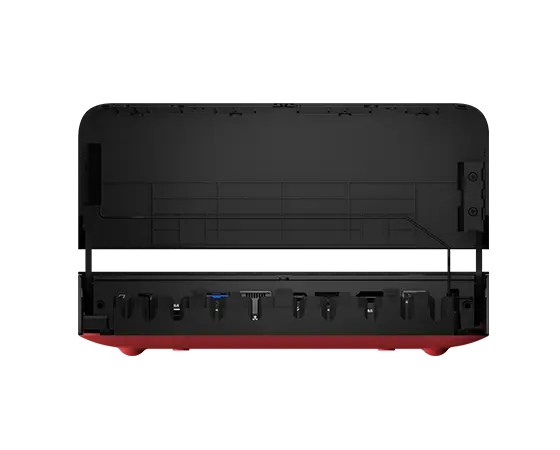 Lenovo ThinkSmart Core computing device, rear view, with cover flipped up to show ports