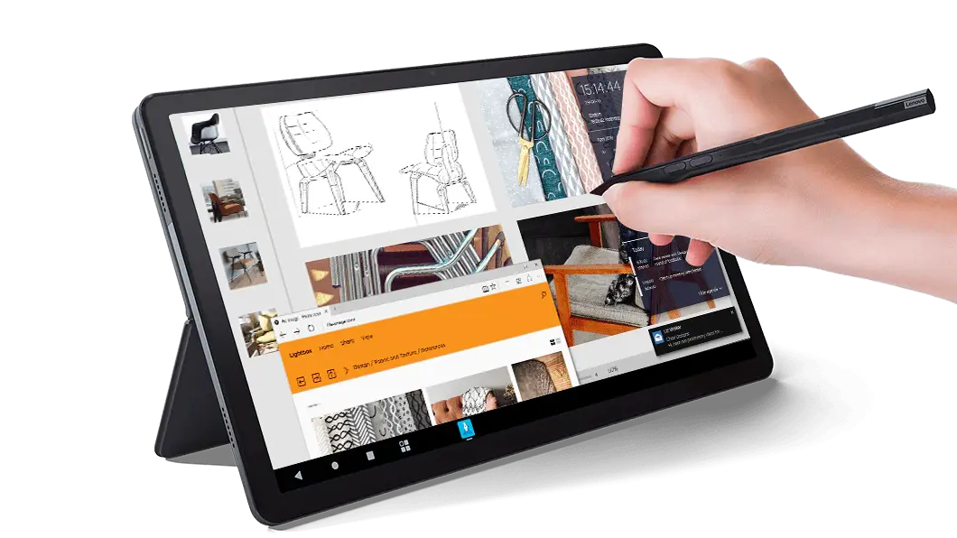 Front view of Lenovo Tab P11 tablet in Slate Gray with folio stand and pen in use, angled to show left side