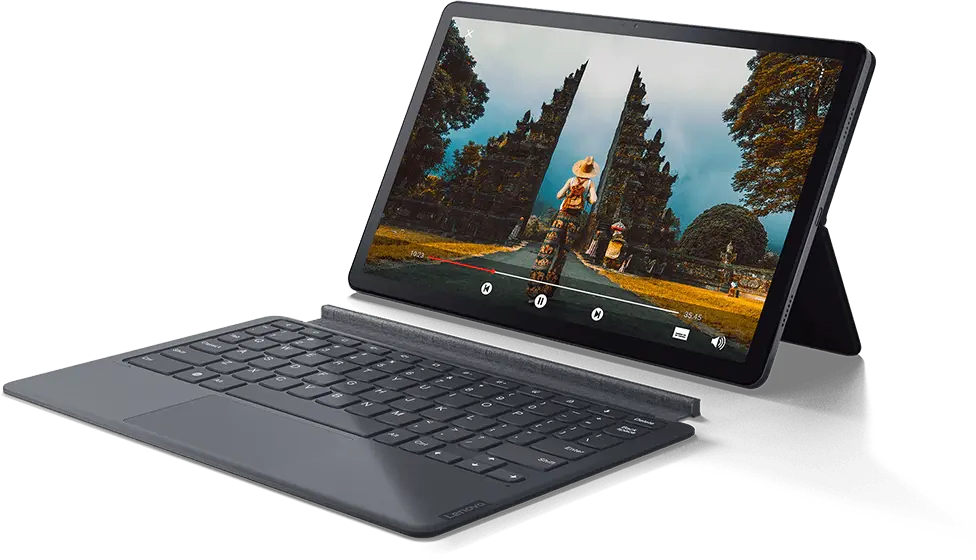 Front view of Lenovo Tab P11 tablet in Slate Gray with folio case and keyboard