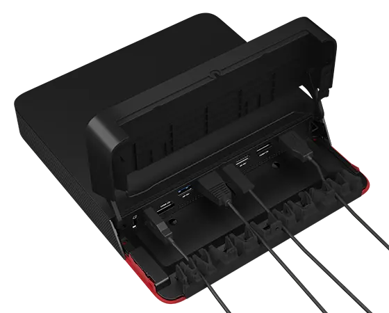 Aerial side view of ThinkSmart Core for Microsoft Teams Rooms computing device, showing various plugged-in cables, part of Lenovo ThinkSmart Core Full Kit with IP Controller for Teams
