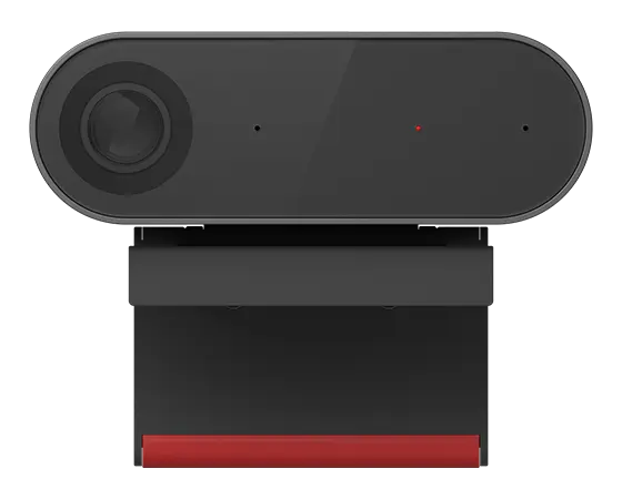 Front facing view of ThinkSmart Cam, smart AI-based webcam component of Lenovo ThinkSmart Core Full Kit with IP Controller for Teams, showing lens and stand