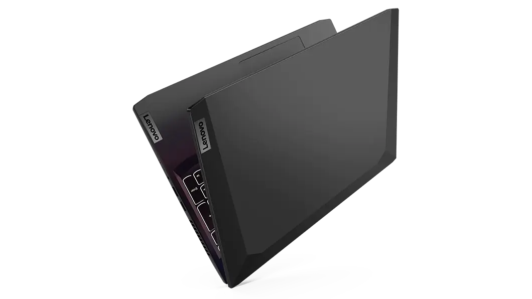 Vista superior que muestra la tapa de la laptop gamer Lenovo IdeaPad Gaming 3 6ta Gen (15.6'', AMD) parcialmente abierta
