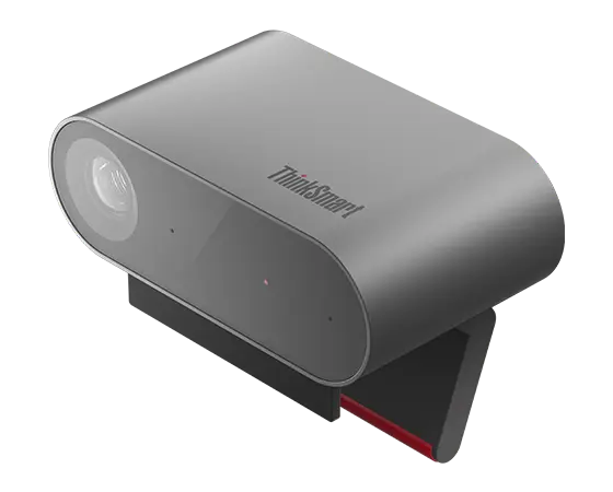 Aerial side view of ThinkSmart Cam, smart AI-based webcam component of Lenovo ThinkSmart Core Full Kit with IP Controller for Teams, showing lens, ThinkSmart logo, & part of stand
