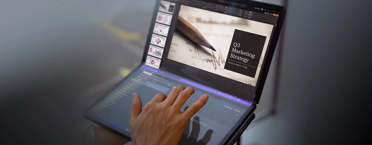 Il dispositivo Lenovo ThinkPad X1 Fold è aperto come un notebook su un piano, mentre una mano tocca la metà inferiore dello schermo.