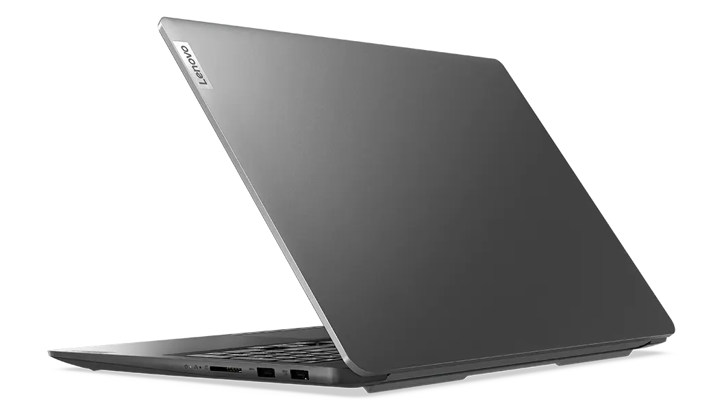 Rear view of 16 Lenovo IdeaPad 5 Pro Gen 7 laptop open 70 degrees, angled to show right-side ports. 