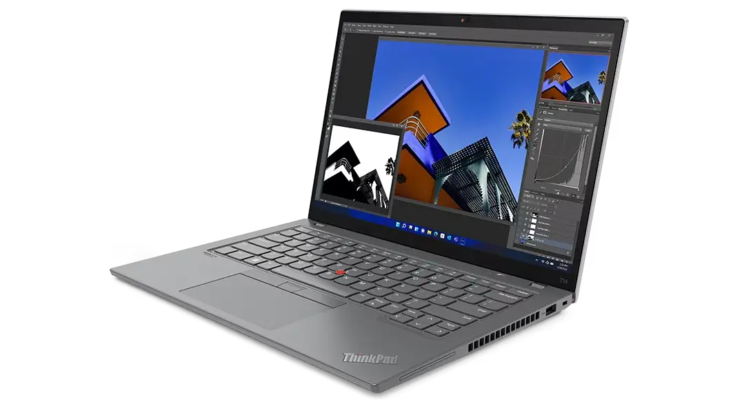 Vista frontal del lado derecho del ThinkPad T14 de 3.ª generación (14 AMD), abierto, se ve el teclado y la pantalla
