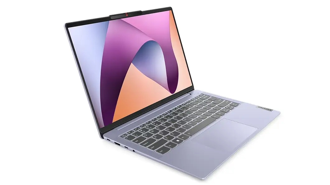 Three-quarter right-facing view of 14-inch Lenovo IdeaPad Slim 5 open to 100 degrees, showing display and keyboard.