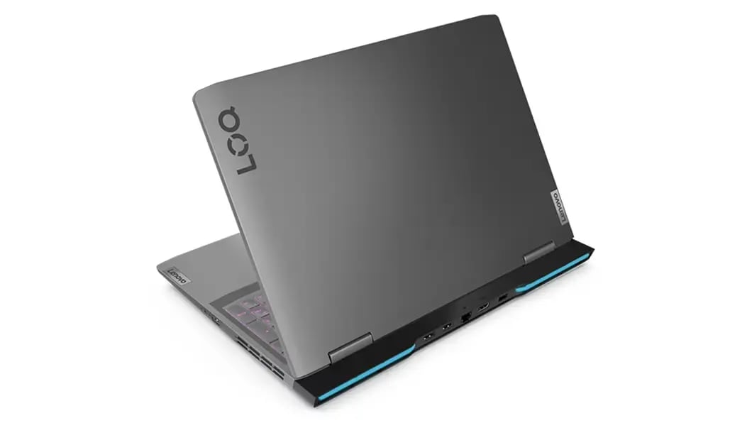 Lenovo LOQ 16APH8 laptop facing left with view of back ports and RGB backlit keyboard