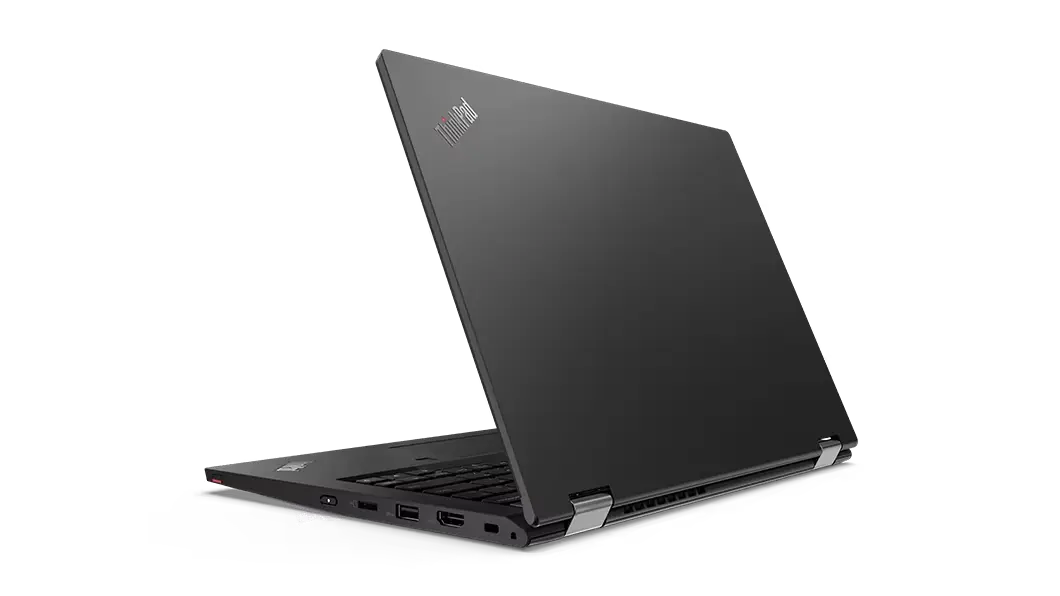 Vista de dos ThinkPad L13 Yoga 2da Gen (13&quot;, AMD) abiertas a 90 grados.