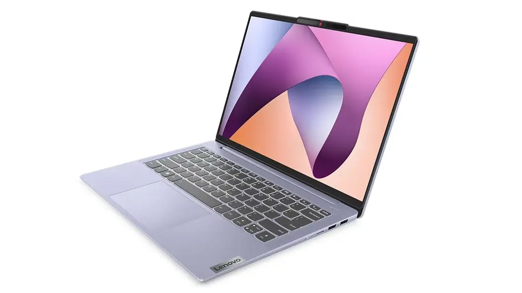 Three-quarter left-facing view of 14-inch Lenovo IdeaPad Slim 5 open to 100 degrees, showing display and keyboard.