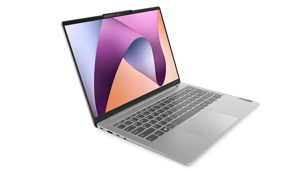 Right-facing front view of 14-inch Lenovo IdeaPad Slim 5 AMD open to 100 degrees showing keyboard and display.