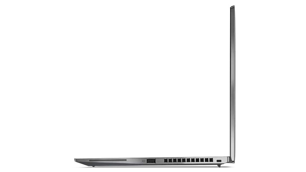 Vista de perfil del lado izquierdo de ThinkPad T14s (AMD de 14 in), abierto 90 grados, que muestra el borde del teclado y la pantalla