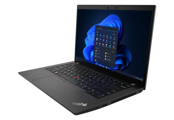 Left side view of Lenovo ThinkPad L14 Gen 3 (14'' AMD), opened, showing display, keyboard, and ports