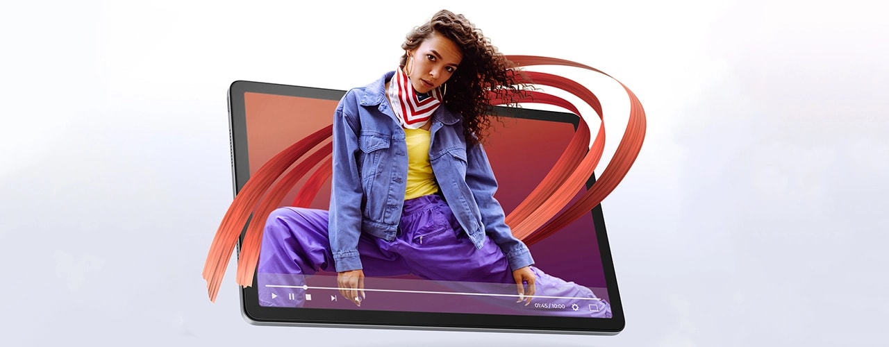 Archivos multimedia siendo reproducidos en la tablet Lenovo Tab M11 con una persona saliendo de la pantalla