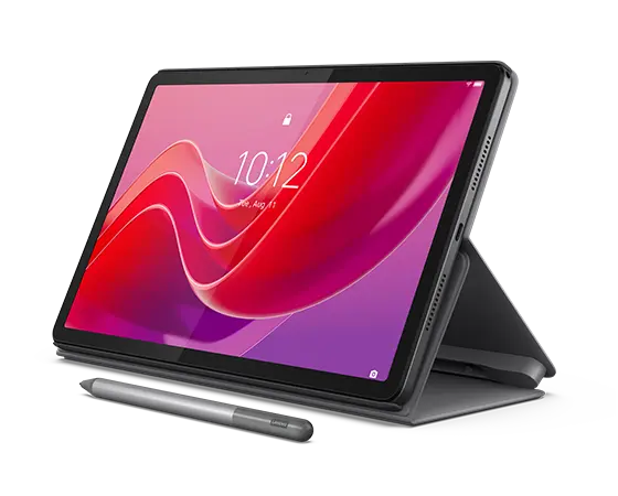 Luna Grey Lenovo Tab M11 tablet with optional pen and folio with stand