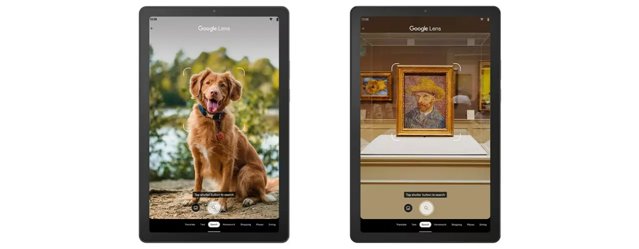 Google Lens being used on Lenovo Tab M9 tablet to take picture of a dog and Van Gogh painting