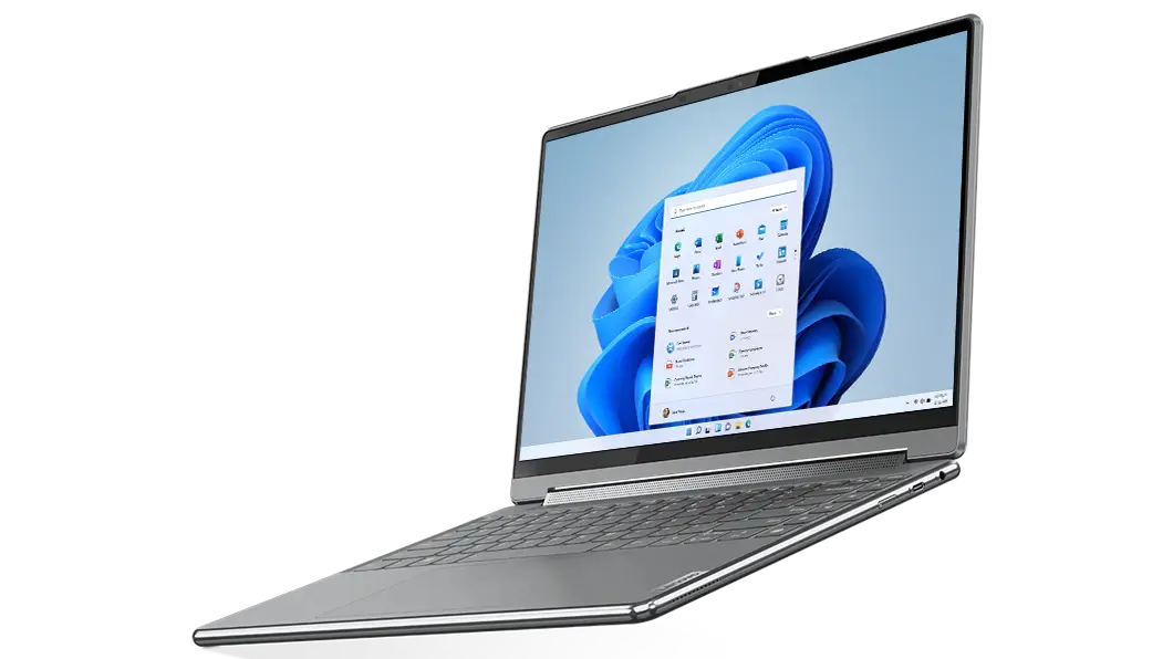 Imagen de la portátil Lenovo Yoga 9i 7ma Gen (14&quot;, Intel) vista desde un semiperfil derecho, abierta a poco más de 90°, en color storm grey (gris tormenta)
