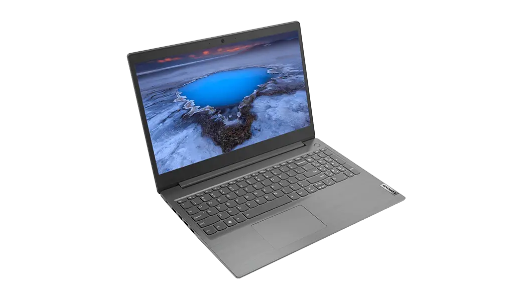 Lenovo V15 laptop – ¾ left front view, with lid open