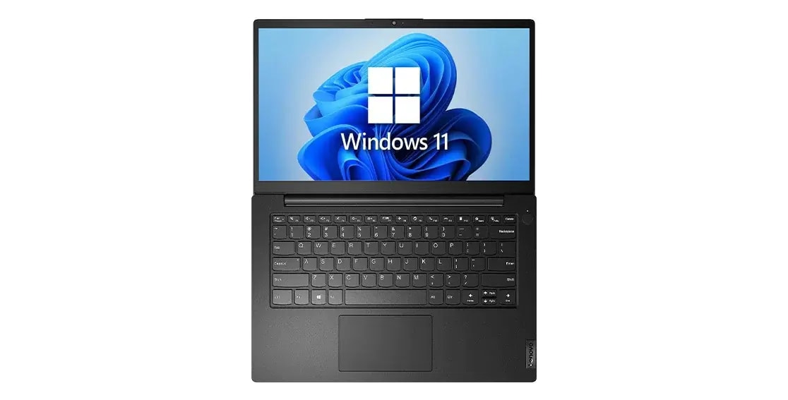 Vista superior de la notebook Lenovo K14 (14”, Intel) abierta a 180°