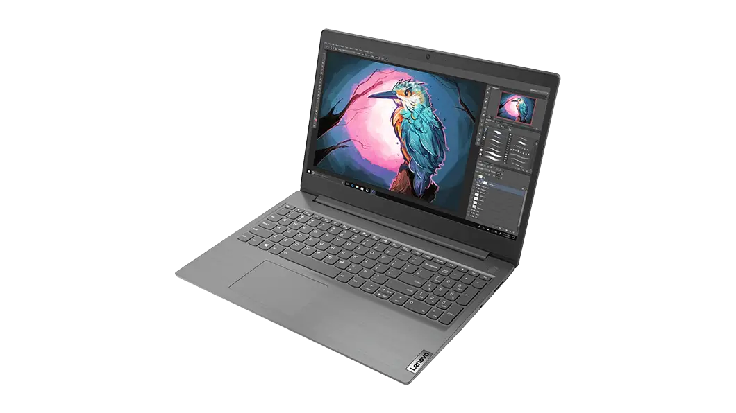 Lenovo V15 laptop – ¾ right front view, with lid open