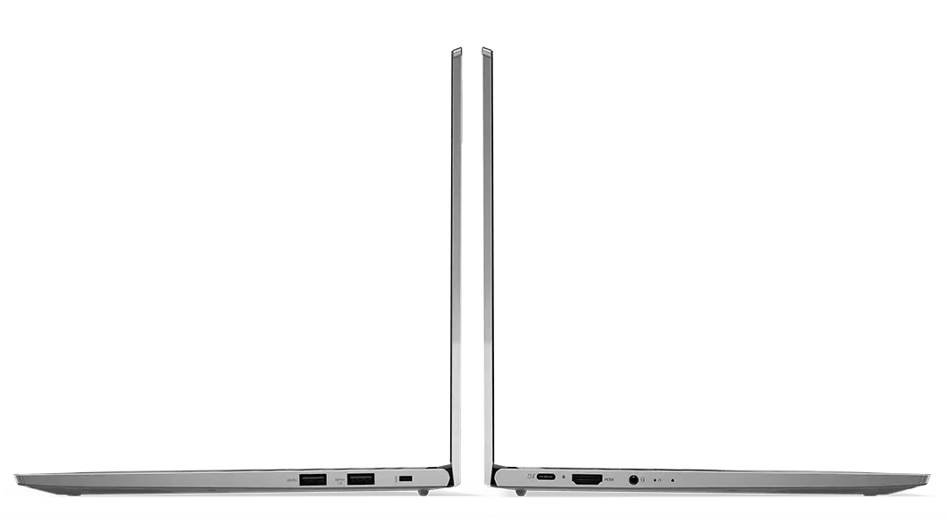 Vistas de los laterales izquierdo y derecho del portátil Lenovo ThinkBook 13s de 2.ª generación (Intel) abierto en ángulo derecho