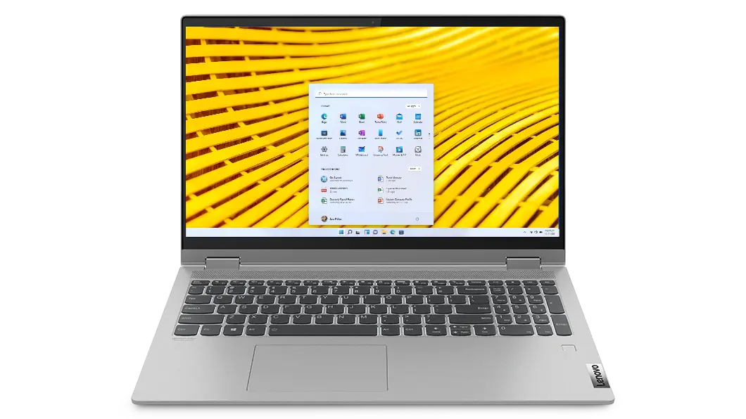 Laptop IdeaPad Flex 5 (15&quot;, AMD) abierta a 90°, vista frontal, se ve teclado retroiluminado opcional