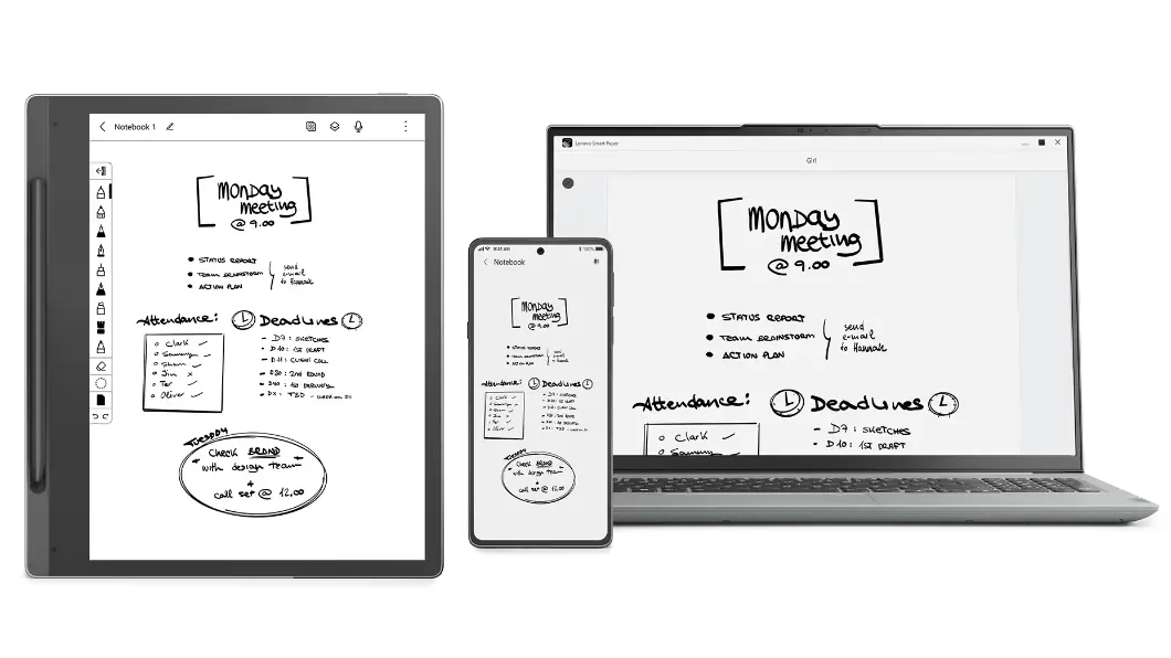 Front-facing Lenovo Smart Paper, smartphone, & laptop, with each screen showing & sharing the same handwritten notes