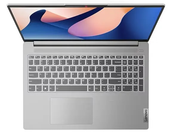 IdeaPad Slim 5i 16" 8va Gen - intel i5 1245H 8GB 512GB 16"WUXGA Win 11 Home 5 Aerial view of IdeaPad Slim 5i Gen 8 laptop, opened 90 degrees, showing display with Windows 11 bloom