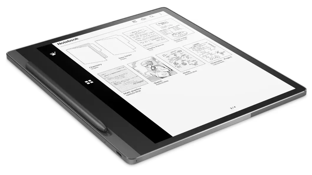 Side-facing Lenovo Smart Paper & Lenovo Smart Pen, with 10.3&quot; E-Ink screen lists of pdf documents stored on device