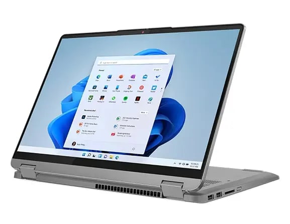IdeaPad Flex 5 14" 8va Gen - Stone Blue AMD 5 7730U 16GB 512GB WIN 11 HOME 82XX0078LM 6 Portátil IdeaPad Flex 5 Gen 8 en modo presentación girado hacia la izquierda